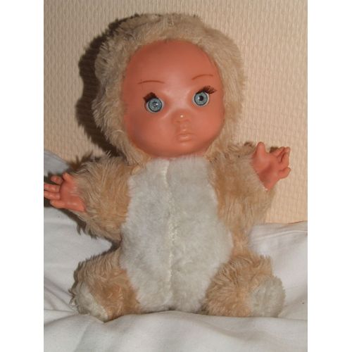 Poupée Ancien Vintage Nounours Beige Blanc Grelot 20 Cm Assis