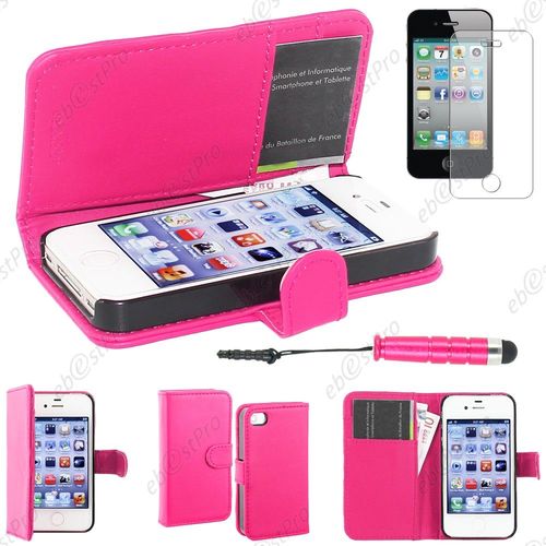 Ebeststar ® Housse Coque Etui Portefeuille Folio Book Livre Simili Cuir Pour Apple Iphone 4s, 4, Couleur Rose + Mini Stylet + Film Protection D'écran