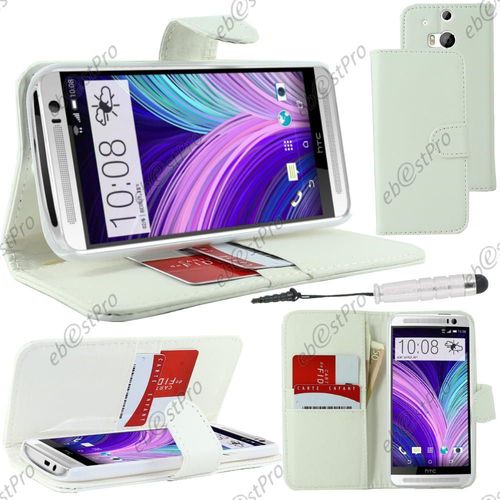Ebeststar ® Housse Coque Etui Portefeuille Folio Book Livre Simili Cuir Pour Htc One M8 2014, Couleur Blanc + Mini Stylet + Film Protection D'écran