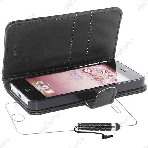 Ebeststar ® Housse Coque Etui Portefeuille Folio Book Livre Simili Cuir Pour Apple Iphone 5s, 5, Couleur Noir + Mini Stylet + Film Protection D'écran