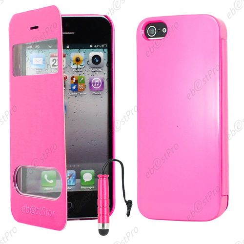 Ebeststar ® Housse Coque Etui Smart View Cover Type S-View Portefeuille Livre Pour Apple Iphone 5s, 5, Couleur Rose + Mini Stylet + Film Protection D'écran