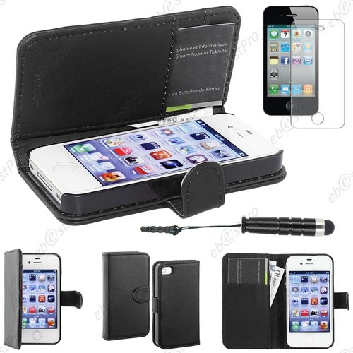 Ebeststar ® Housse Coque Etui Portefeuille Folio Book Livre Simili Cuir Pour Apple Iphone 4s, 4, Couleur Noir + Mini Stylet + Film Protection D'écran