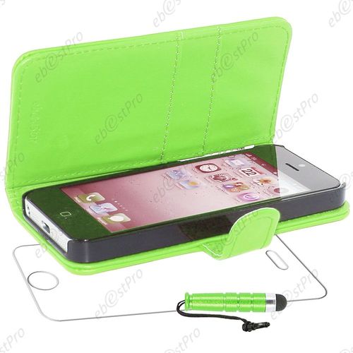 Ebeststar ® Housse Coque Etui Portefeuille Folio Book Livre Simili Cuir Pour Apple Iphone 5s, 5, Couleur Vert + Mini Stylet + Film Protection D'écran