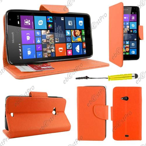 Ebeststar ® Housse Coque Etui Portefeuille Folio Book Livre Simili Cuir Pour Microsoft Lumia 535, Couleur Orange + Mini Stylet + Film Protection D'écran