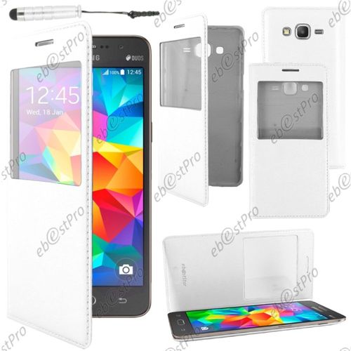 Ebeststar ® Housse Coque Etui Smart View Cover Type S-View Portefeuille Livre Pour Samsung Galaxy Grand Prime Sm-G530f Sm-G530h, Couleur Blanc + Mini Stylet + Film Protection D'écran