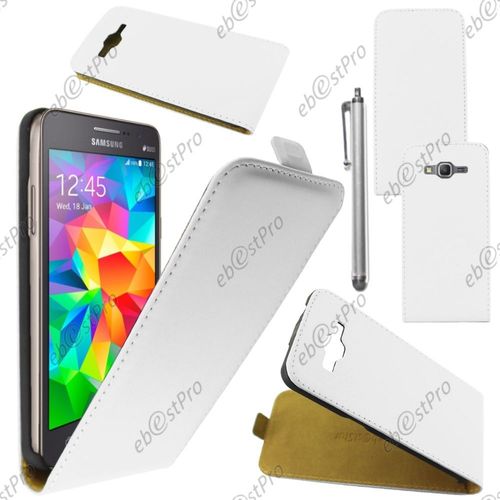 Ebeststar ® Housse Coque Etui En Pu Cuir À Rabat Ultra Fine (Slim Case) Pour Samsung Galaxy Grand Prime Sm-G530f Sm-G530h, Couleur Blanc + Stylet + Film Protection D'écran