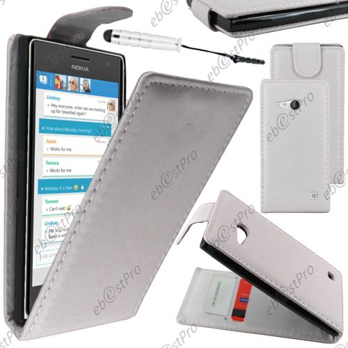 Ebeststar ® Housse Coque Etui Simili Cuir À Rabat Vertical Pour Nokia Lumia 735 730 Dual, Couleur Blanc + Mini Stylet + Film Protection D'écran
