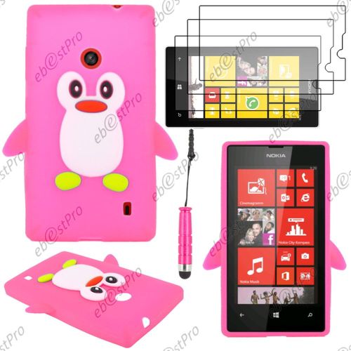 Ebeststar ® Etui Housse Coque Pingouin Silicone Souple Design Fun Pour Nokia Lumia 520, Couleur Rose + Mini Stylet 3 Film