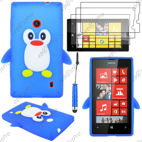 Ebeststar ® Etui Housse Coque Pingouin Silicone Souple Design Fun Pour Nokia Lumia 520, Couleur Bleu + Mini Stylet 3 Film