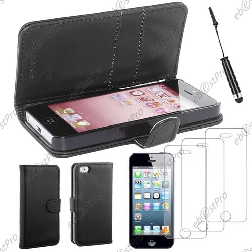 Ebeststar ® Housse Coque Etui Portefeuille Folio Book Livre Simili Cuir Pour Apple Iphone 5s, 5, Couleur Noir + Mini Stylet 3 Film