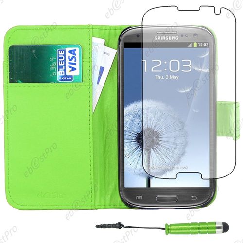 Ebeststar ® Housse Coque Etui Portefeuille Folio Book Livre Simili Cuir Pour Samsung Galaxy S3 I9300 I9305, Couleur Vert + Mini Stylet + Film Protection D'écran