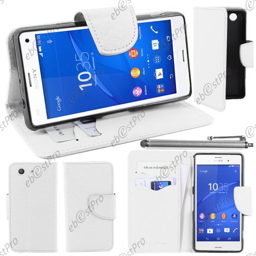 Ebeststar ® Housse Coque Etui Portefeuille Folio Book Livre Simili Cuir Pour Sony Xperia Z3 Compact, Couleur Blanc + Stylet + Film Protection D'écran