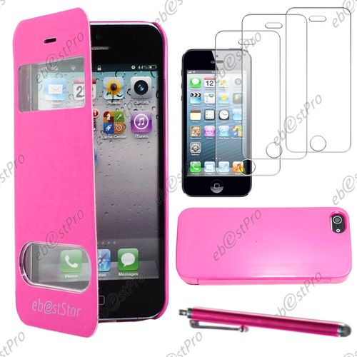 Ebeststar ® Housse Coque Etui Smart View Cover Type S-View Portefeuille Livre Pour Apple Iphone 5s, 5, Couleur Rose + Stylet 3 Film