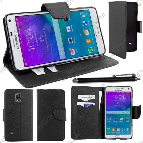 Ebeststar ® Housse Coque Etui Portefeuille Folio Book Livre Simili Cuir Pour Samsung Galaxy Note 4 N910f, Couleur Noir + Stylet + Film Protection D'écran