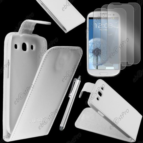 Ebeststar ® Housse Coque Etui Simili Cuir À Rabat Vertical Pour Samsung Galaxy S3 I9300 I9305, Couleur Blanc + Stylet 3 Film