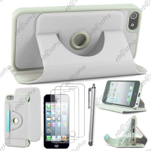 Ebeststar ® Housse Coque Etui Pu Cuir Rotatif Avec Support À Rotation 360° Pour Apple Iphone 5s, 5, Couleur Blanc + Stylet 3 Film