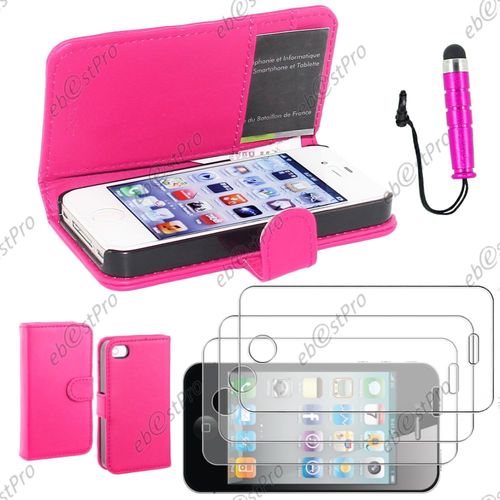 Ebeststar ® Housse Coque Etui Portefeuille Folio Book Livre Simili Cuir Pour Apple Iphone 4s, 4, Couleur Rose + Mini Stylet 3 Film
