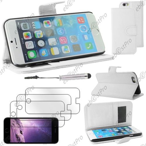 Ebeststar ® Housse Coque Etui Portefeuille Folio Book Livre Simili Cuir Pour Apple Iphone 6 Écran 4,7", Couleur Blanc + Mini Stylet 3 Film