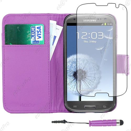 Ebeststar ® Housse Coque Etui Portefeuille Folio Book Livre Simili Cuir Pour Samsung Galaxy S3 I9300 I9305, Couleur Violet + Mini Stylet + Film Protection D'écran