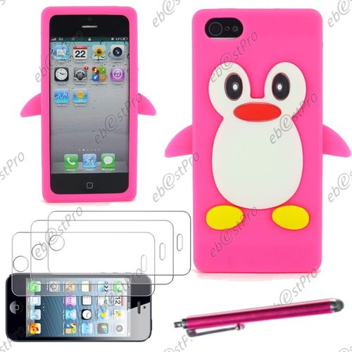 Ebeststar ® Etui Housse Coque Pingouin Silicone Souple Design Fun Pour Apple Iphone 5s, 5, Couleur Rose + Stylet 3 Film
