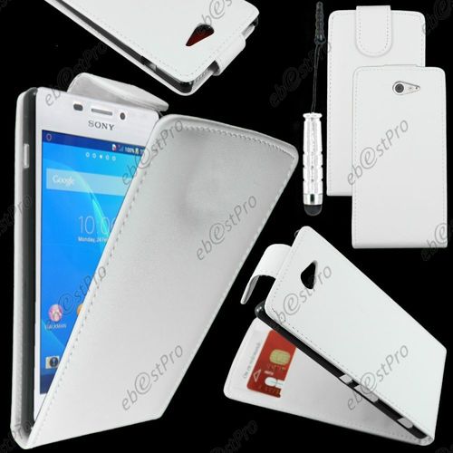 Ebeststar ® Housse Coque Etui Simili Cuir À Rabat Vertical Pour Sony Xperia M2 D2302 D2303, Couleur Blanc + Mini Stylet + Film Protection D'écran