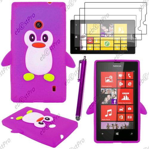 Ebeststar ® Etui Housse Coque Pingouin Silicone Souple Design Fun Pour Nokia Lumia 520, Couleur Violet + Stylet 3 Film