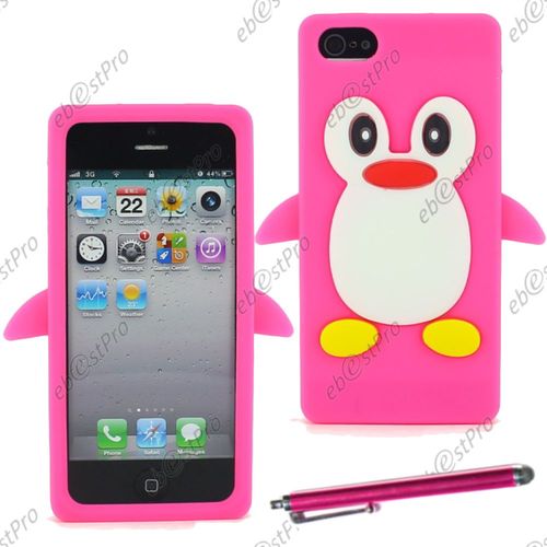 Ebeststar ® Etui Housse Coque Pingouin Silicone Souple Design Fun Pour Apple Iphone 5s, 5, Couleur Rose + Stylet + Film Protection D'écran