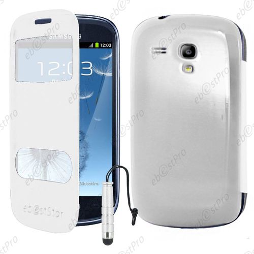 Ebeststar ® Housse Coque Etui Smart View Cover Type S-View Portefeuille Livre Pour Samsung Galaxy S3 Mini Gt-I8190, I8190n, Couleur Blanc + Mini Stylet + Film Protection D'écran