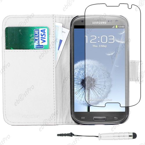 Ebeststar ® Housse Coque Etui Portefeuille Folio Book Livre Simili Cuir Pour Samsung Galaxy S3 I9300 I9305, Couleur Blanc + Mini Stylet + Film Protection D'écran