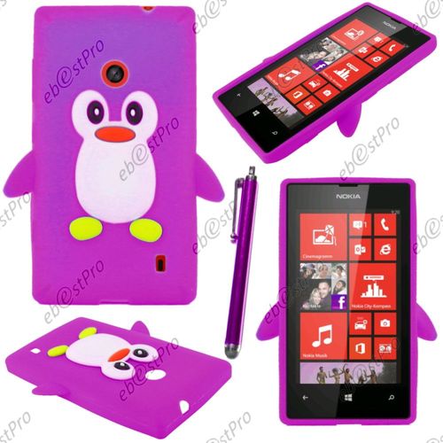 Ebeststar ® Etui Housse Coque Pingouin Silicone Souple Design Fun Pour Nokia Lumia 520, Couleur Violet + Stylet + Film Protection D'écran