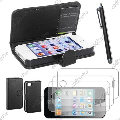Ebeststar ® Housse Coque Etui Portefeuille Folio Book Livre Simili Cuir Pour Apple Iphone 4s, 4, Couleur Noir + Stylet 3 Film