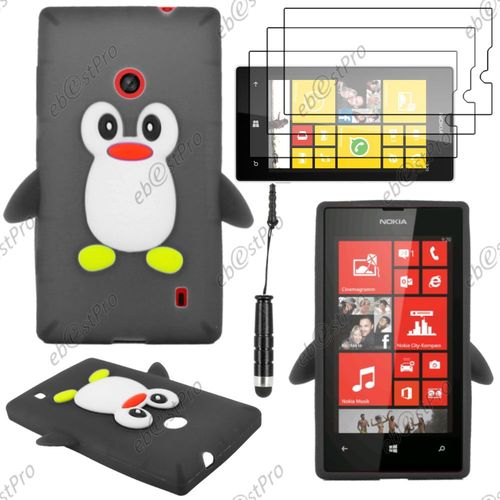 Ebeststar ® Etui Housse Coque Pingouin Silicone Souple Design Fun Pour Nokia Lumia 520, Couleur Noir + Mini Stylet 3 Film