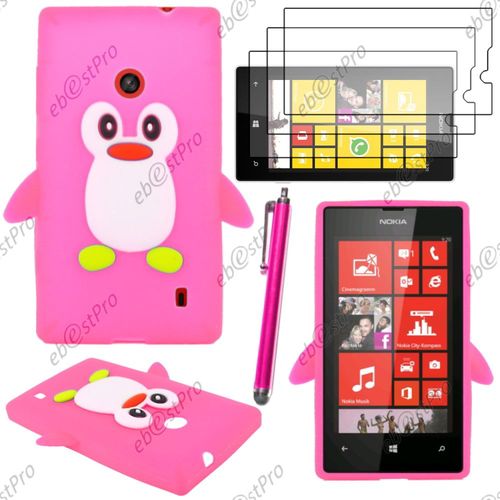 Ebeststar ® Etui Housse Coque Pingouin Silicone Souple Design Fun Pour Nokia Lumia 520, Couleur Rose + Stylet 3 Film