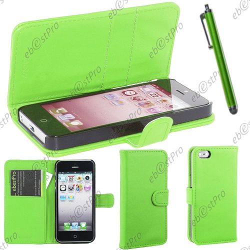 Ebeststar ® Housse Coque Etui Portefeuille Folio Book Livre Simili Cuir Pour Apple Iphone 5s, 5, Couleur Vert + Stylet + Film Protection D'écran