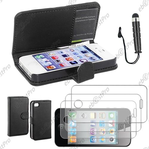 Ebeststar ® Housse Coque Etui Portefeuille Folio Book Livre Simili Cuir Pour Apple Iphone 4s, 4, Couleur Noir + Mini Stylet 3 Film