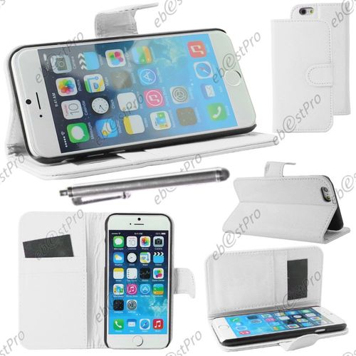 Ebeststar ® Housse Coque Etui Portefeuille Folio Book Livre Simili Cuir Pour Apple Iphone 6 Écran 4,7", Couleur Blanc + Stylet + Film Protection D'écran