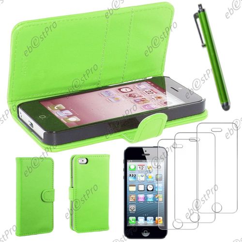 Ebeststar ® Housse Coque Etui Portefeuille Folio Book Livre Simili Cuir Pour Apple Iphone 5s, 5, Couleur Vert + Stylet 3 Film
