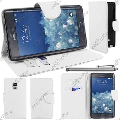 Ebeststar ® Housse Coque Etui Portefeuille Folio Book Livre Simili Cuir Pour Samsung Galaxy Note Edge, Couleur Blanc + Stylet + Film Protection D'écran