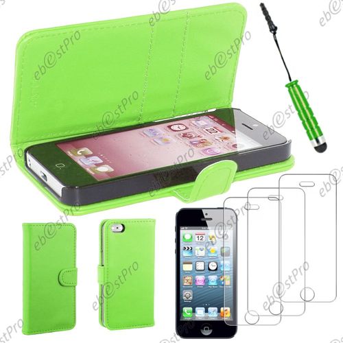 Ebeststar ® Housse Coque Etui Portefeuille Folio Book Livre Simili Cuir Pour Apple Iphone 5s, 5, Couleur Vert + Mini Stylet 3 Film