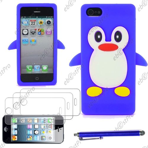 Ebeststar ® Etui Housse Coque Pingouin Silicone Souple Design Fun Pour Apple Iphone 5s, 5, Couleur Bleu + Stylet 3 Film