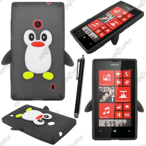 Ebeststar ® Etui Housse Coque Pingouin Silicone Souple Design Fun Pour Nokia Lumia 520, Couleur Noir + Stylet + Film Protection D'écran