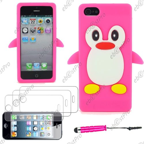 Ebeststar ® Etui Housse Coque Pingouin Silicone Souple Design Fun Pour Apple Iphone 5s, 5, Couleur Rose + Mini Stylet 3 Film