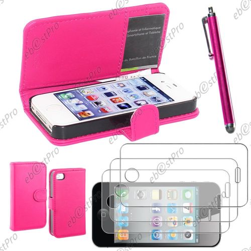Ebeststar ® Housse Coque Etui Portefeuille Folio Book Livre Simili Cuir Pour Apple Iphone 4s, 4, Couleur Rose + Stylet 3 Film