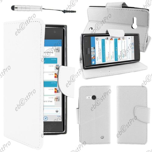 Ebeststar ® Housse Coque Etui Portefeuille Folio Book Livre Simili Cuir Pour Nokia Lumia 735 730 Dual, Couleur Blanc + Mini Stylet + Film Protection D'écran