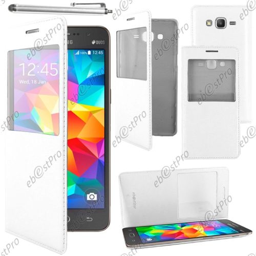Ebeststar ® Housse Coque Etui Smart View Cover Type S-View Portefeuille Livre Pour Samsung Galaxy Grand Prime Sm-G530f Sm-G530h, Couleur Blanc + Stylet + Film Protection D'écran