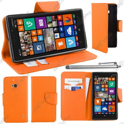 Ebeststar ® Housse Coque Etui Portefeuille Folio Book Livre Simili Cuir Pour Nokia Lumia 930, Couleur Orange + Stylet + Film Protection D'écran