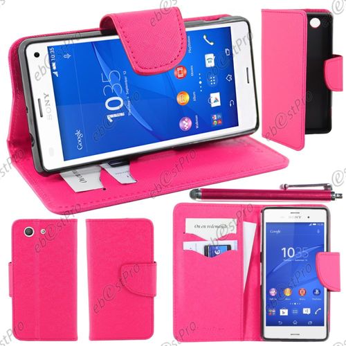 Ebeststar ® Housse Coque Etui Portefeuille Folio Book Livre Simili Cuir Pour Sony Xperia Z3 Compact, Couleur Rose + Stylet + Film Protection D'écran