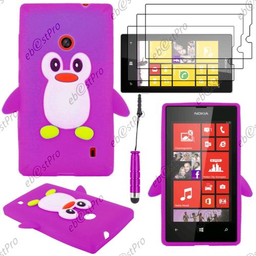Ebeststar ® Etui Housse Coque Pingouin Silicone Souple Design Fun Pour Nokia Lumia 520, Couleur Violet + Mini Stylet 3 Film