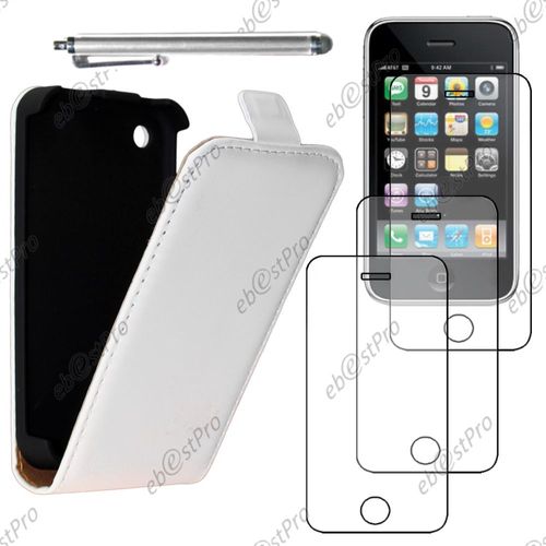 Ebeststar ® Housse Coque Etui En Pu Cuir À Rabat Ultra Fine (Slim Case) Pour Apple Iphone 3gs, 3g, Couleur Blanc + Stylet 3 Film