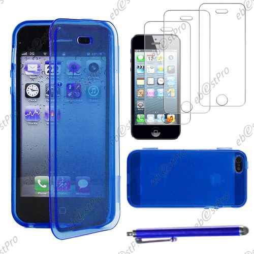 Ebeststar ® Housse Etui Coque Portefeuille Livre Silicone Gel Pour Apple Iphone 5s, 5, Couleur Bleu + Stylet 3 Film